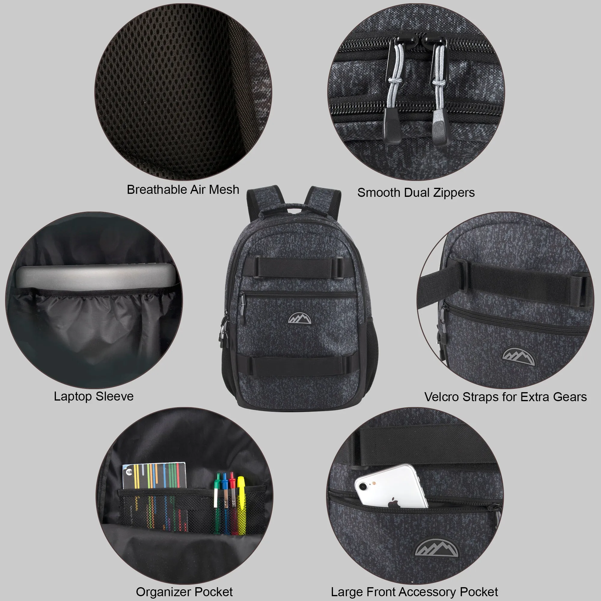 19 Inch Dual Strap Skate  Backpack w Laptop Sleeve - Grey Heather