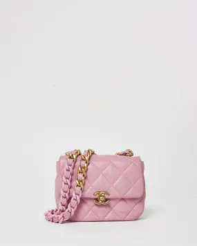 Chanel Pink Lambskin Leather W/ Pink & Gold Chain Single Flap Square Mini Bag