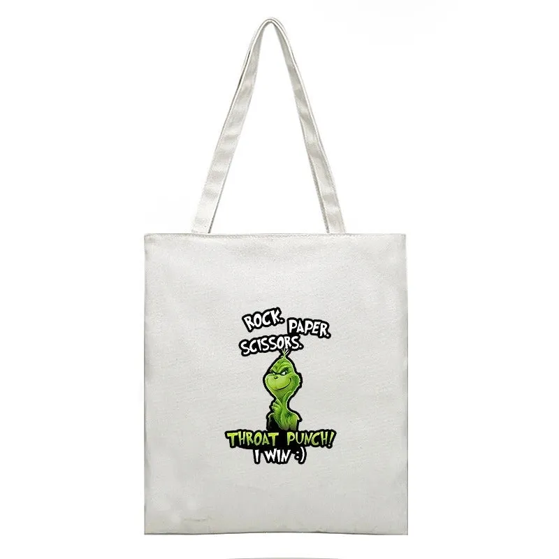 Christmas Peripheral Festival Handbag Canvas Bag Grinch Christmas Monster Green Fur Monster Printed Canvas Book Bag