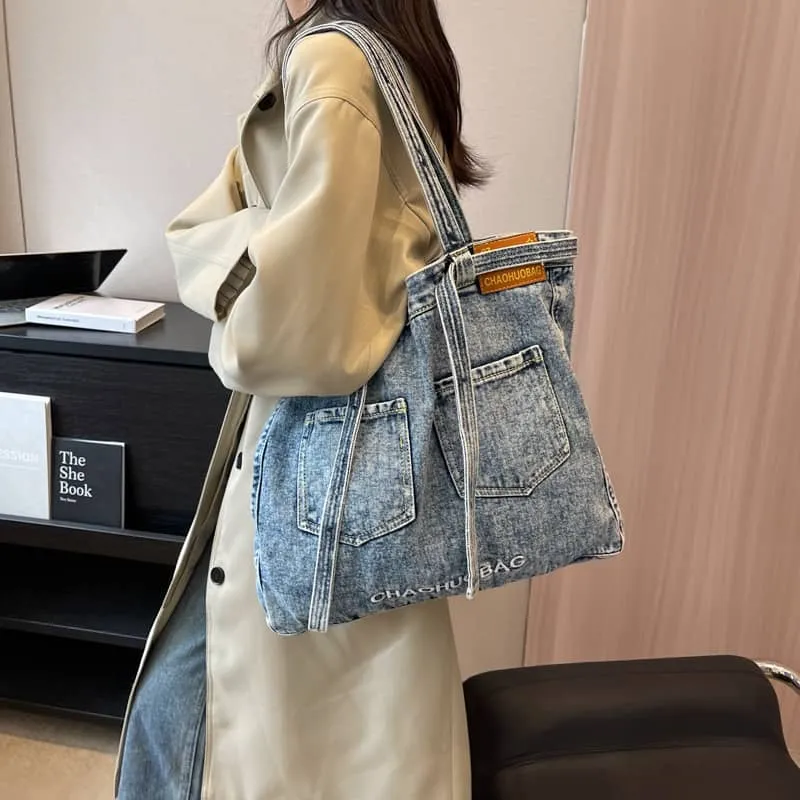 Commuter Denim Tote Bag with Spacious Capacity