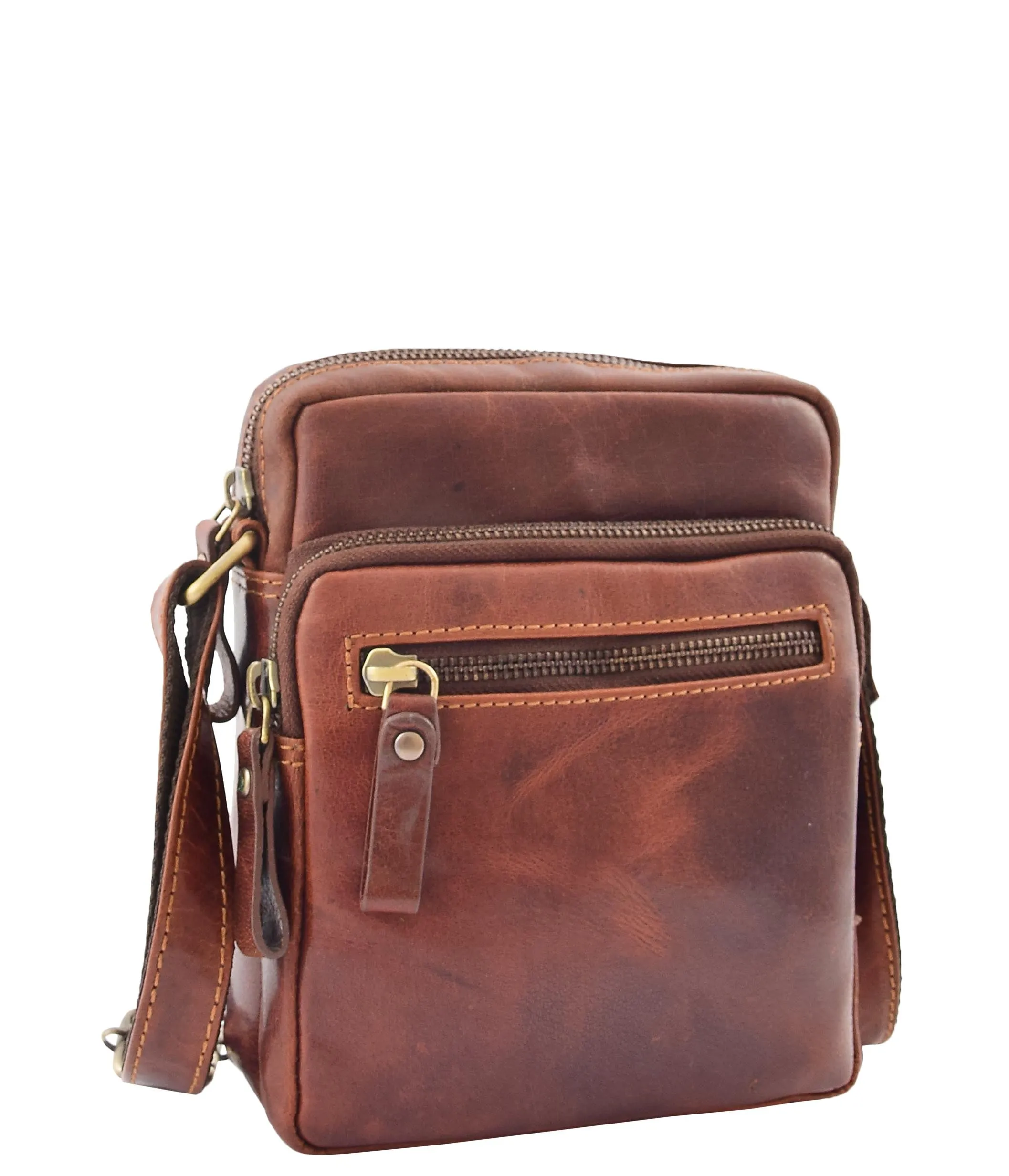 DR340 Men’s Brown Leather Cross Body Flight Bag Multi Zip Pockets