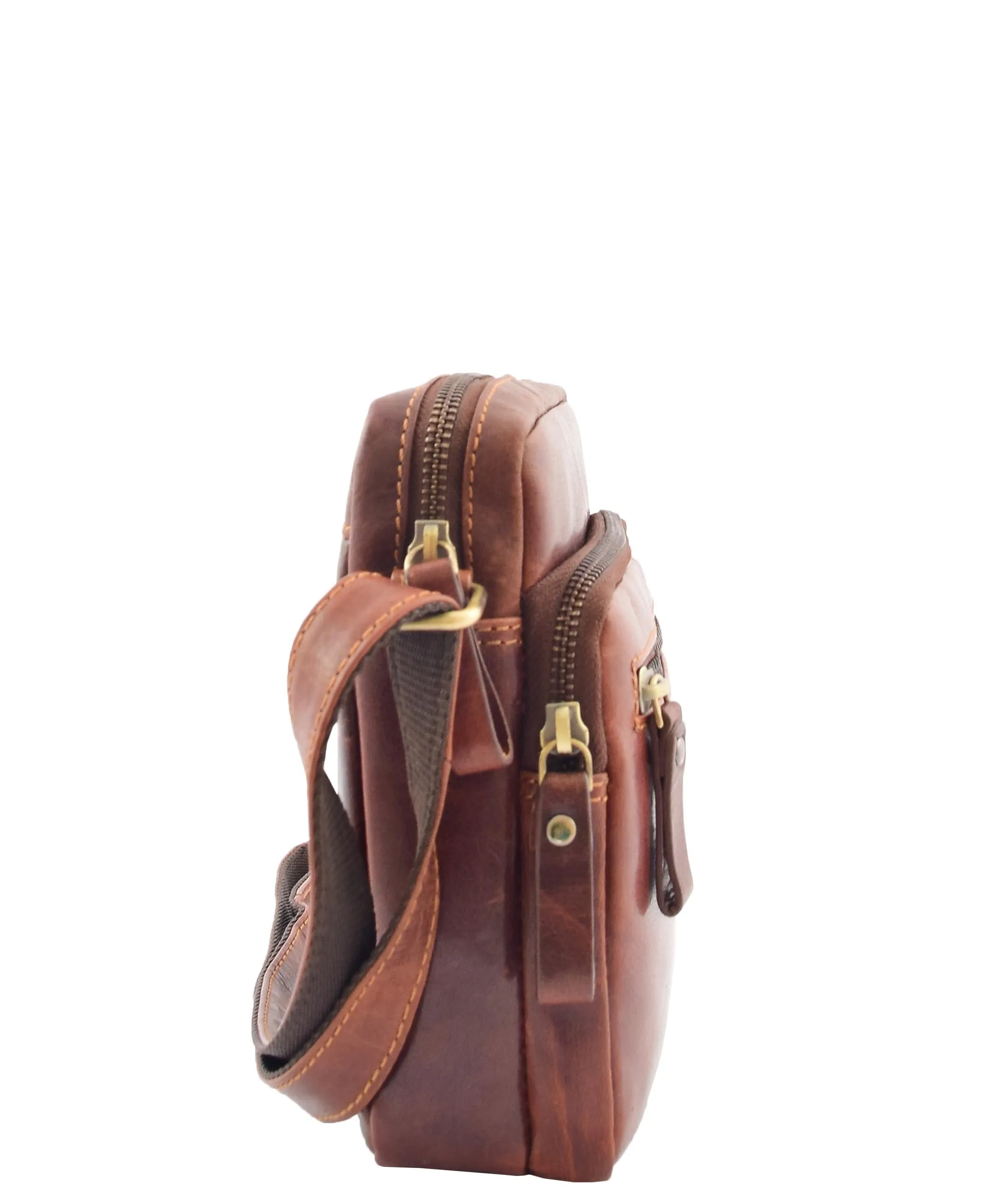 DR340 Men’s Brown Leather Cross Body Flight Bag Multi Zip Pockets