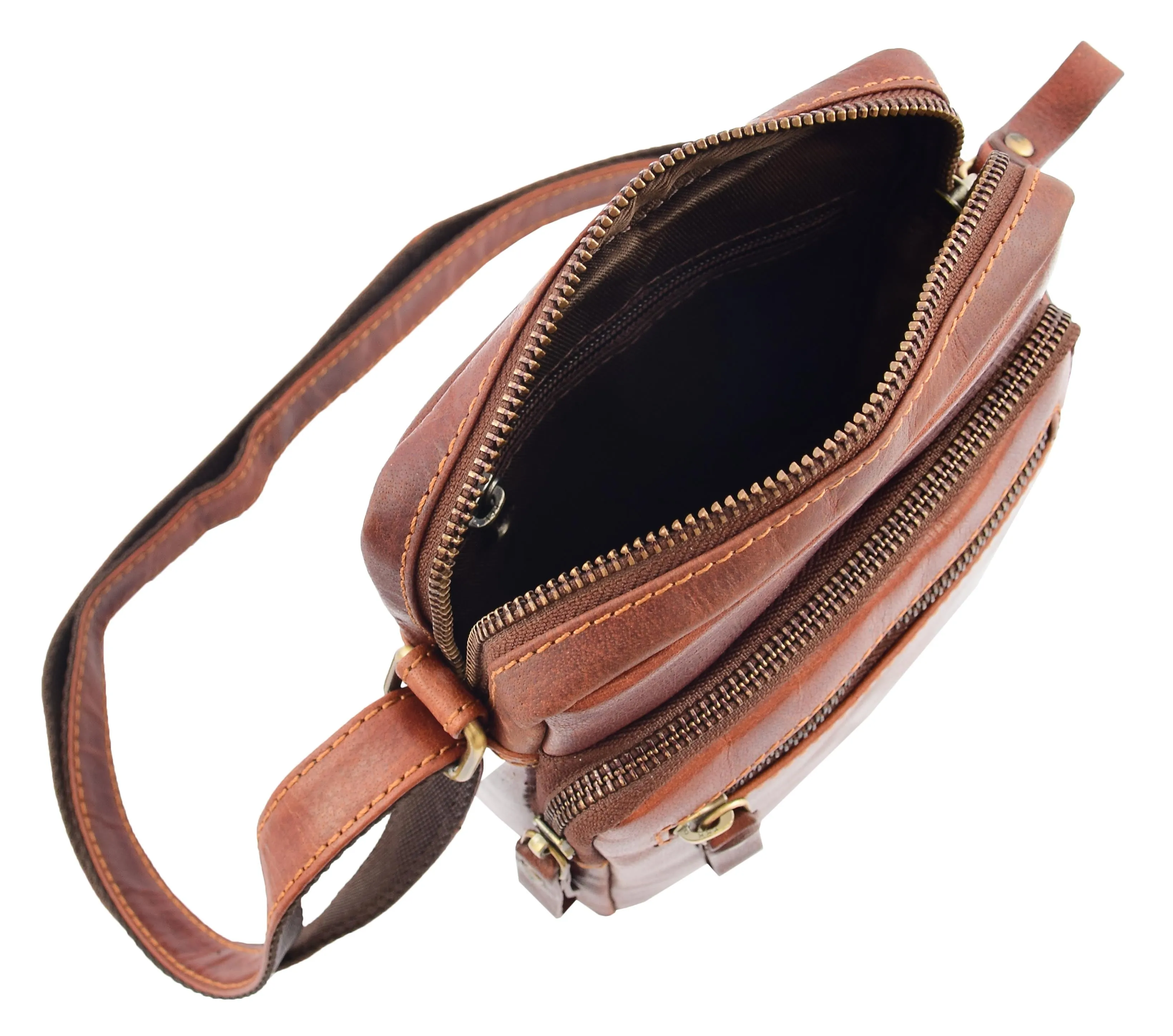 DR340 Men’s Brown Leather Cross Body Flight Bag Multi Zip Pockets