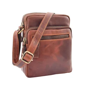 DR340 Men’s Brown Leather Cross Body Flight Bag Multi Zip Pockets