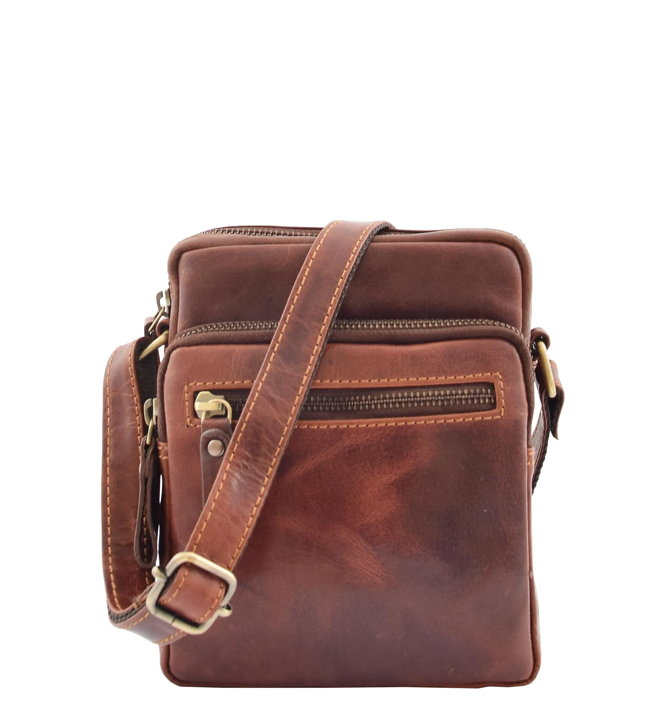 DR340 Men’s Brown Leather Cross Body Flight Bag Multi Zip Pockets