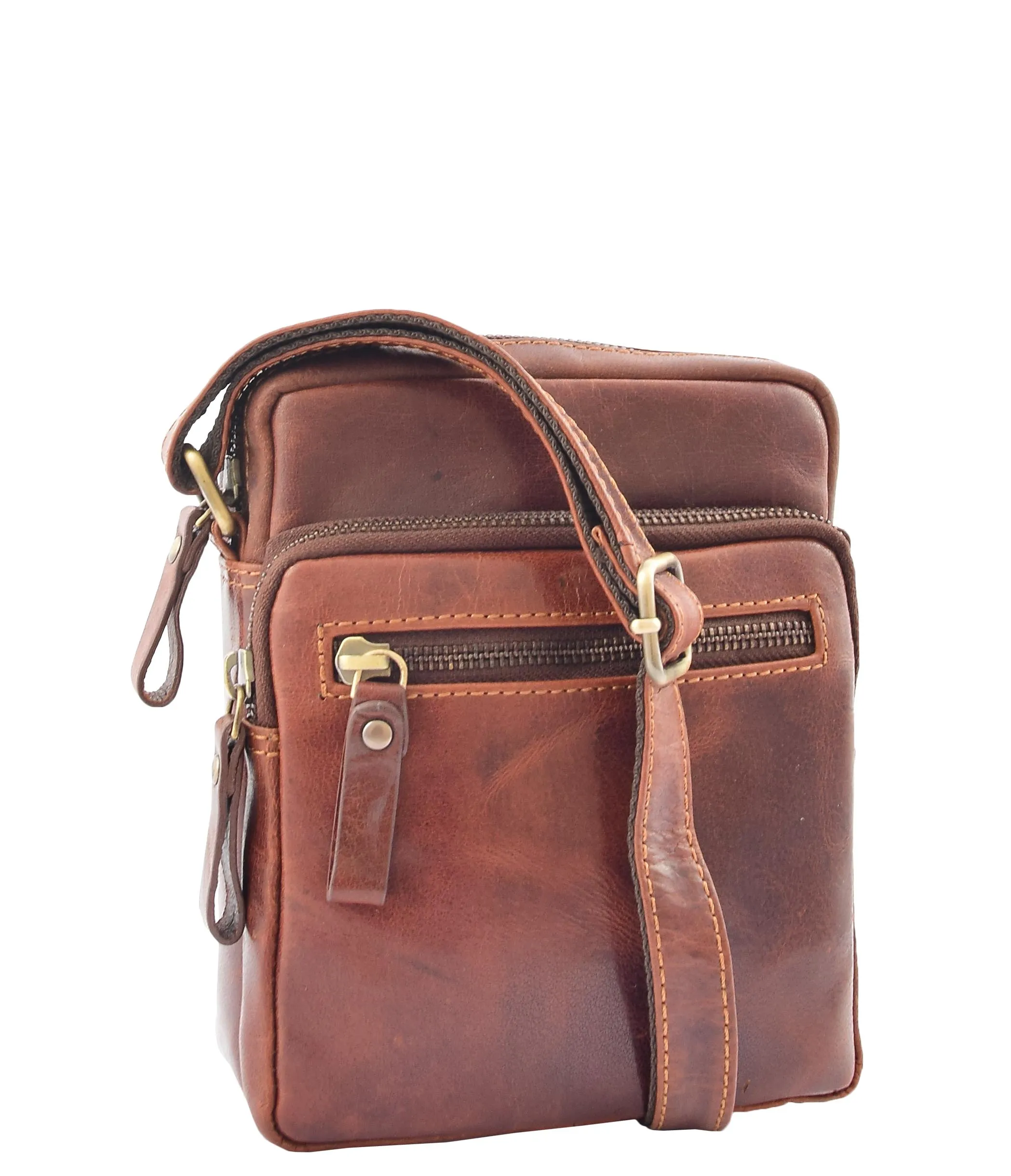 DR340 Men’s Brown Leather Cross Body Flight Bag Multi Zip Pockets