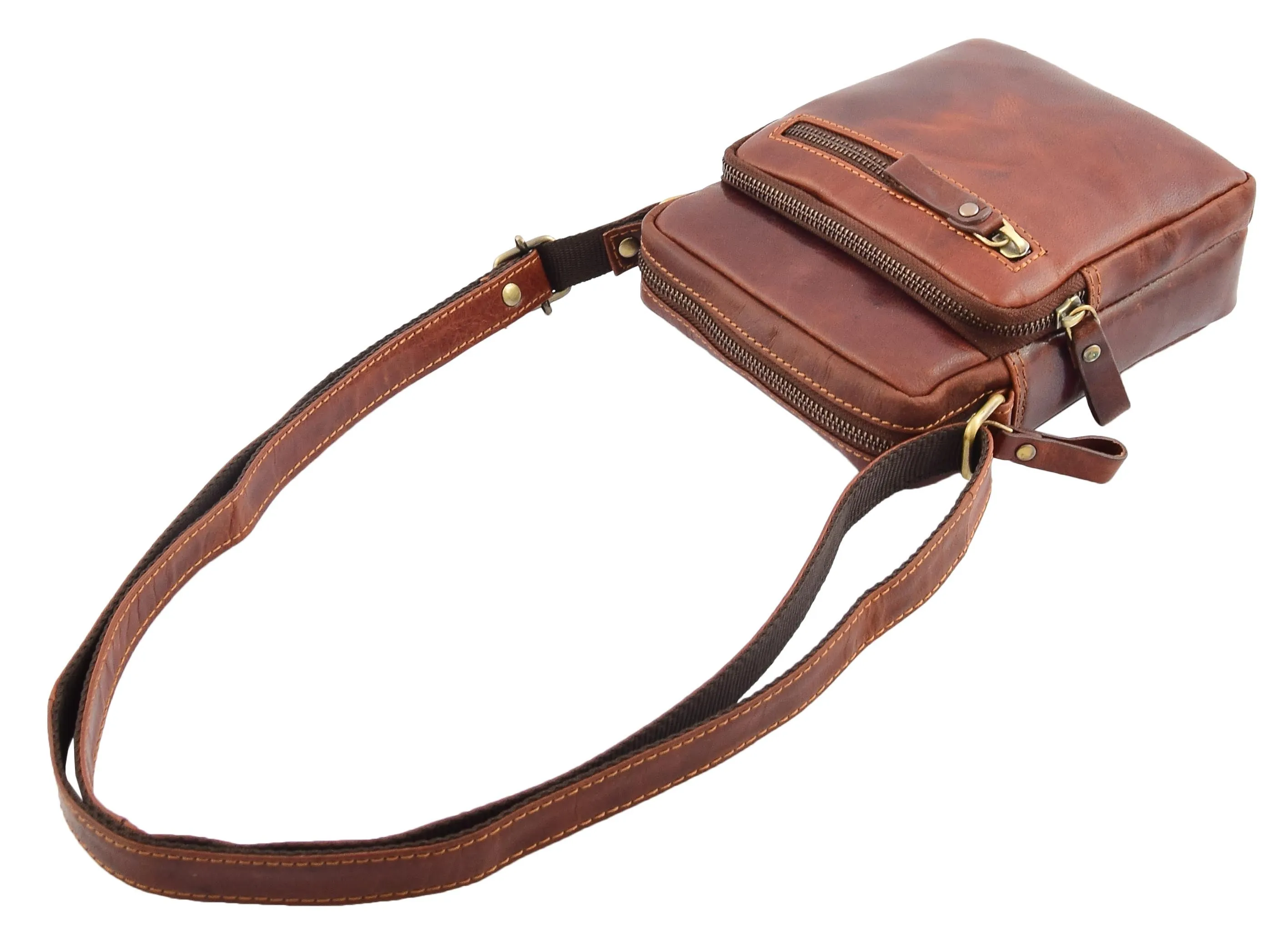 DR340 Men’s Brown Leather Cross Body Flight Bag Multi Zip Pockets