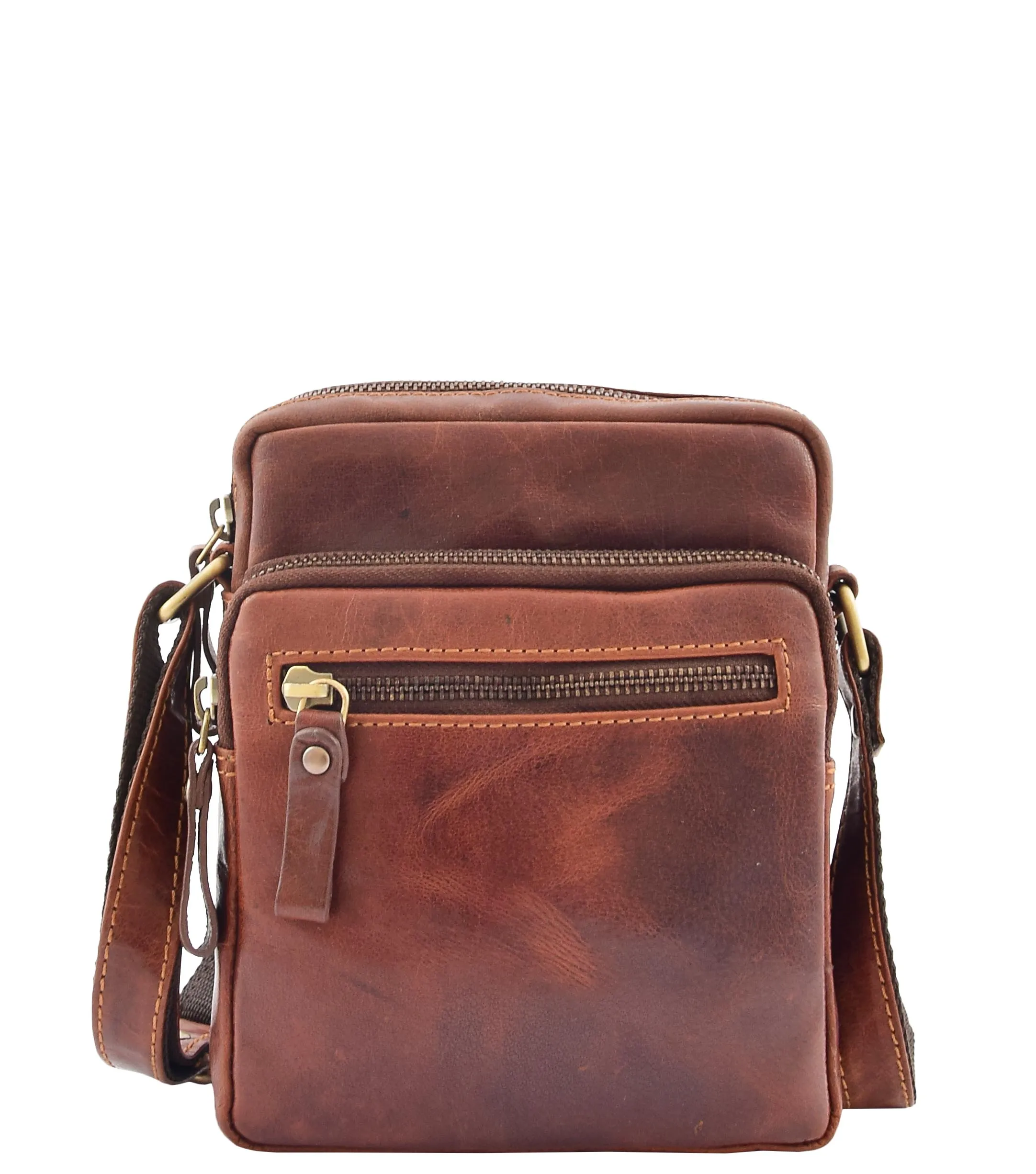 DR340 Men’s Brown Leather Cross Body Flight Bag Multi Zip Pockets