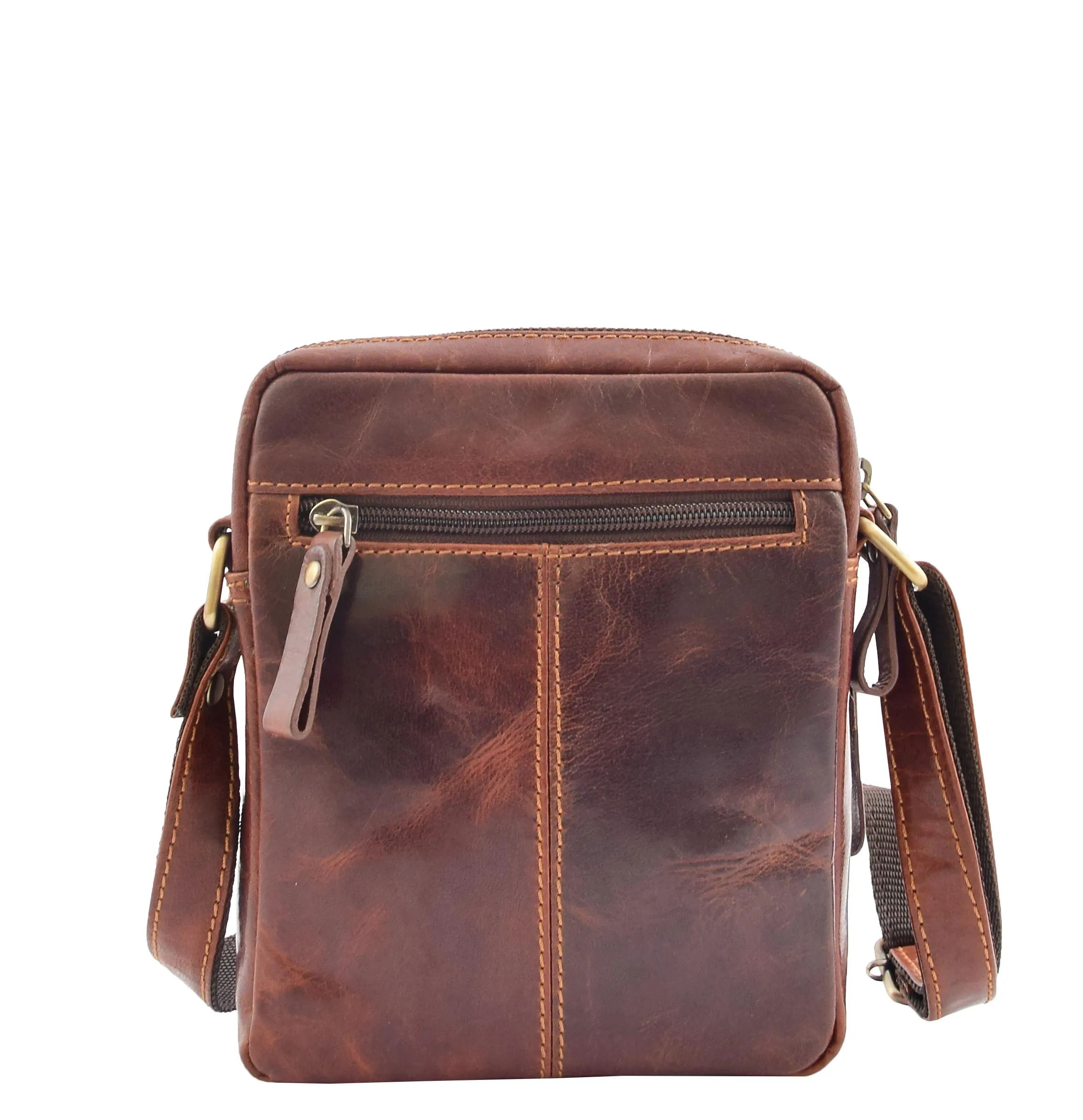 DR340 Men’s Brown Leather Cross Body Flight Bag Multi Zip Pockets
