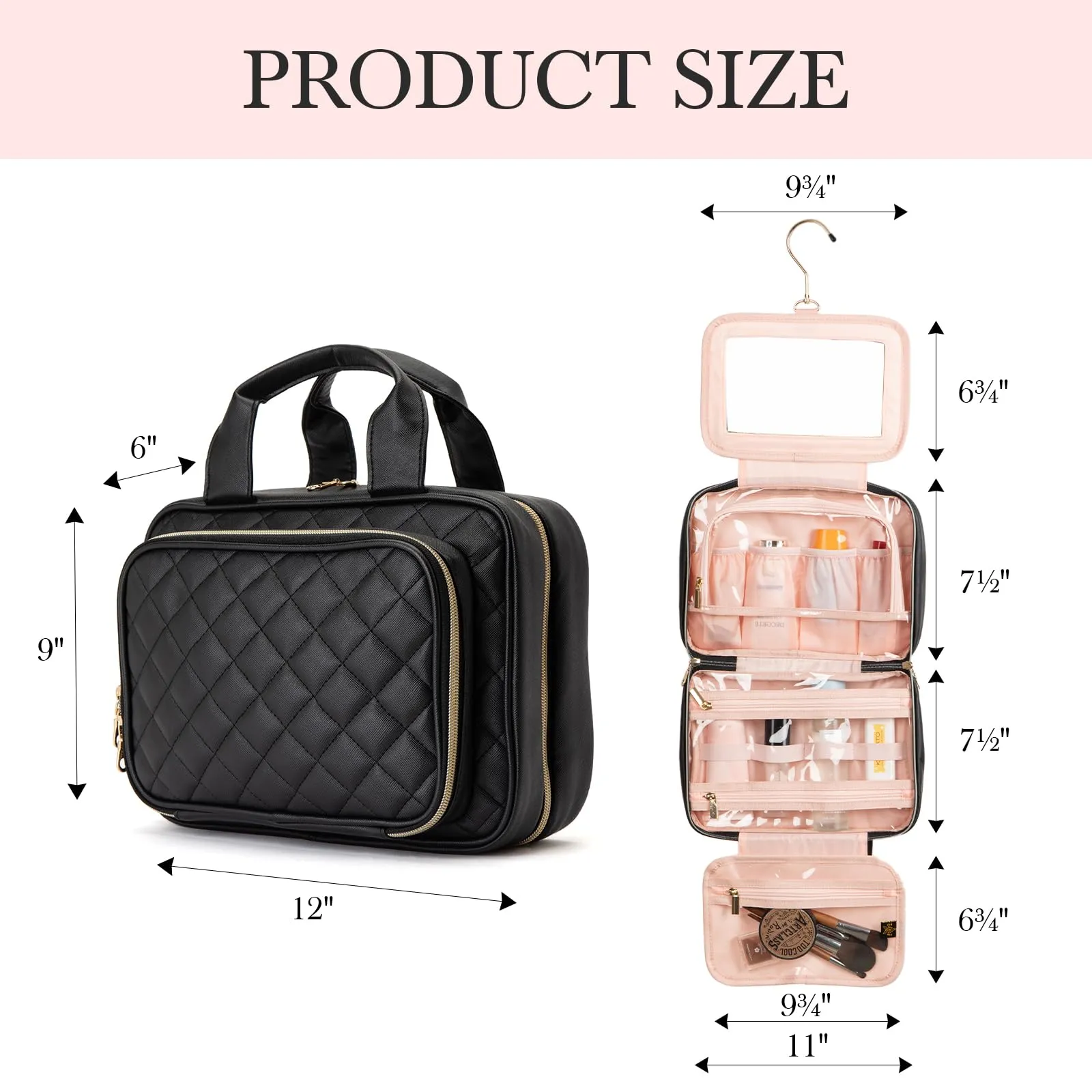 Elite Dance Gear Travel Toiletry Bag with Mirror - Cosmetic Travel Bag with Hanging Hook for Women & Men - Travel-Sized Container for Travel Accessories, Travel Essentials, Toiletries, Jewelry
