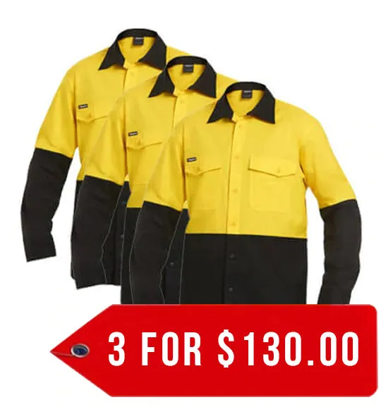 King Gee Workcool 2 Hi-Vis Two Tone Long Sleeve Drill Work Shirt (K54870-1)-3 Pack
