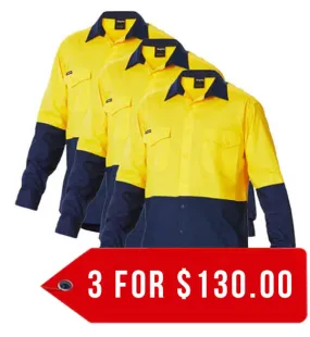 King Gee Workcool 2 Hi-Vis Two Tone Long Sleeve Drill Work Shirt (K54870-1)-3 Pack