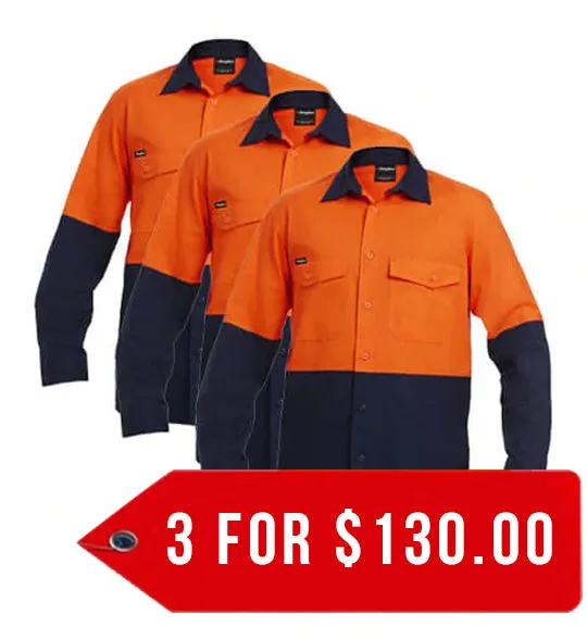 King Gee Workcool 2 Hi-Vis Two Tone Long Sleeve Drill Work Shirt (K54870-1)-3 Pack