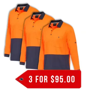 King Gee Workcool Hyperfreeze Hi-Vis Two Tone Long Sleeve Polo Shirt (K54235-1)-3Packs