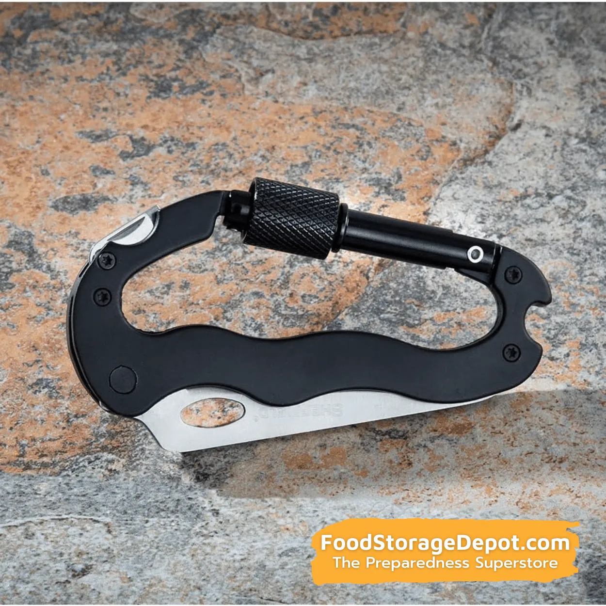 Locking Carabiner (4-in-1) w-Knife, Bottle Opener & Screwdriver Bits