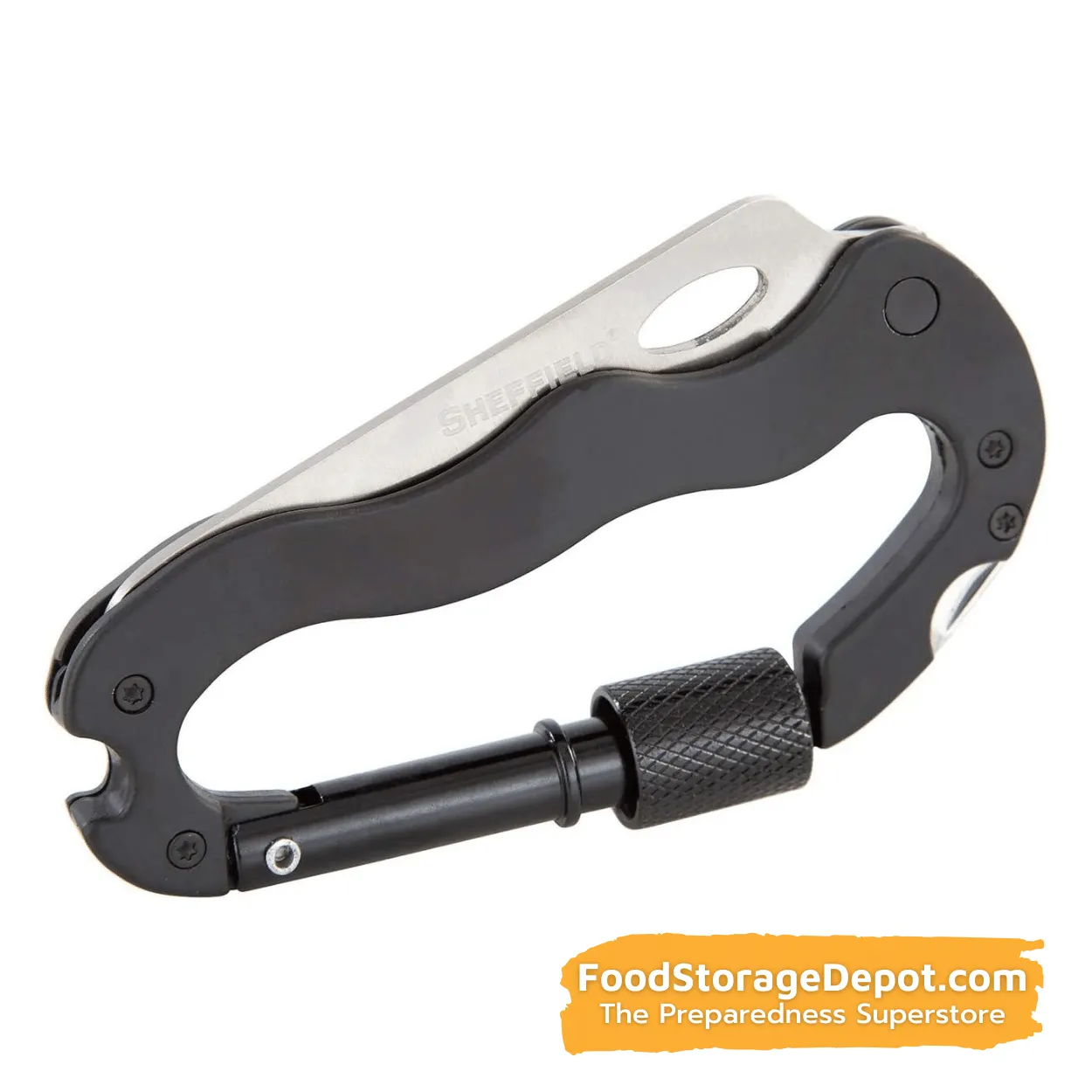 Locking Carabiner (4-in-1) w-Knife, Bottle Opener & Screwdriver Bits