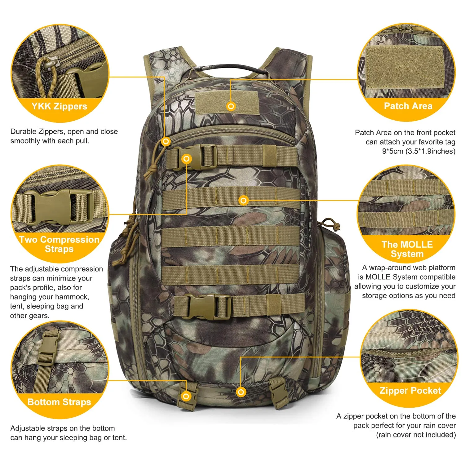 Mardingtop 35L Tactical Backpacks Molle Hiking daypacks for Camping Hiking Military Traveling Motorcycle (Snake Skin Printed-35L)