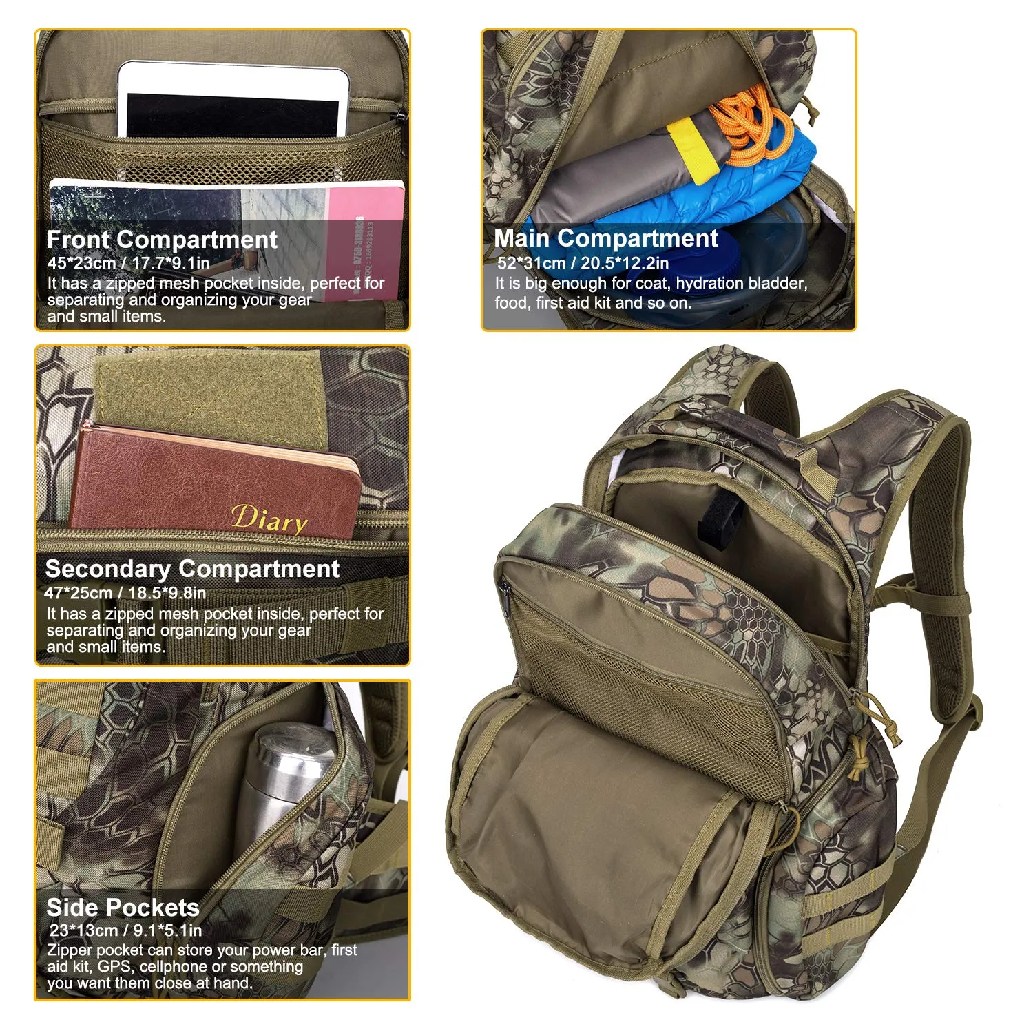 Mardingtop 35L Tactical Backpacks Molle Hiking daypacks for Camping Hiking Military Traveling Motorcycle (Snake Skin Printed-35L)