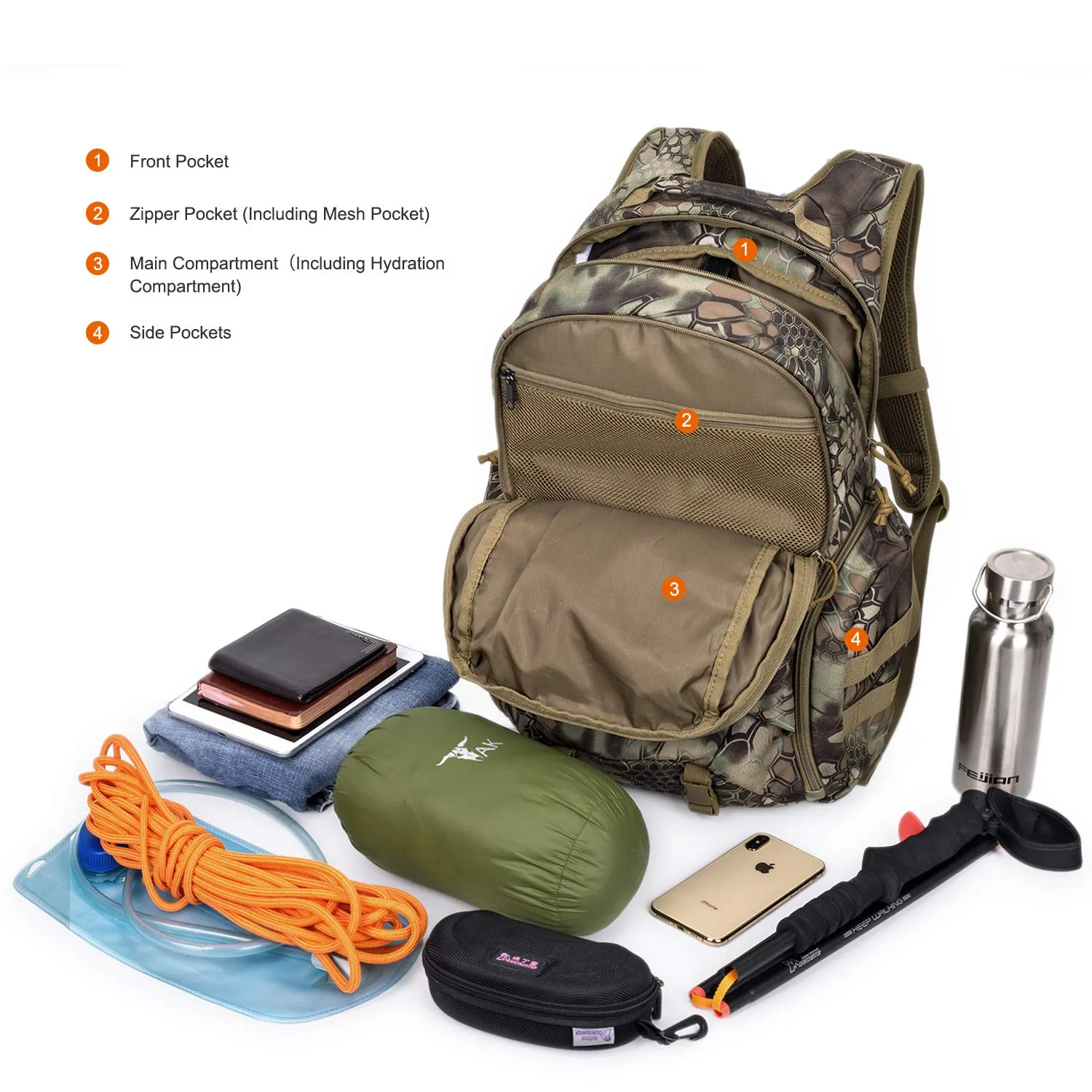 Mardingtop 35L Tactical Backpacks Molle Hiking daypacks for Camping Hiking Military Traveling Motorcycle (Snake Skin Printed-35L)