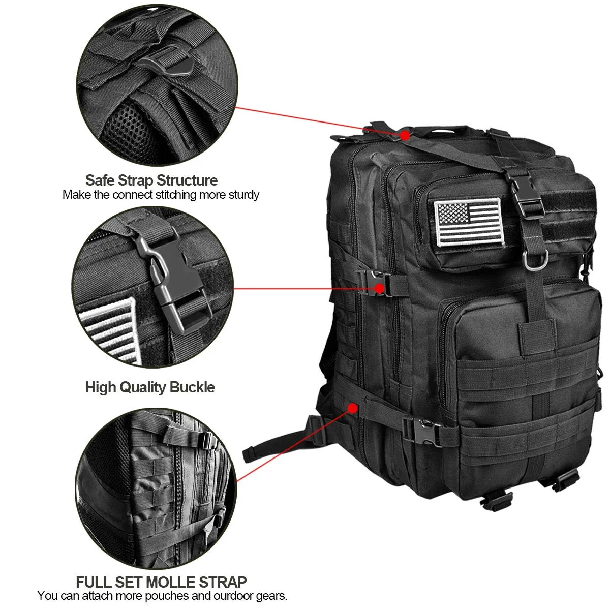NOOLA Military Tactical Backpack Large Army 3 Day Assault Pack Molle Bag Black
