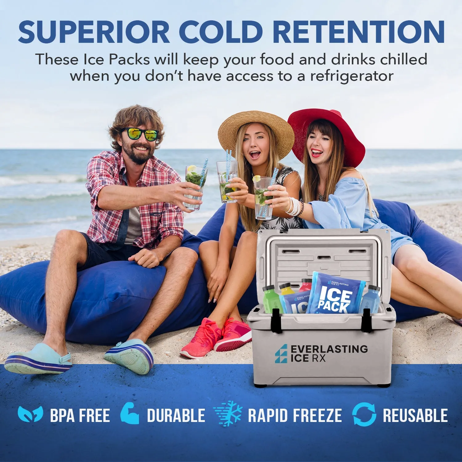 Rapid Performance Reusable Ice Packs for Coolers or Lunch Box | 4 Pack | Cold for Up to 12 Hours | Ice Packs for Cooler, Long Lasting for Camping, Beach
