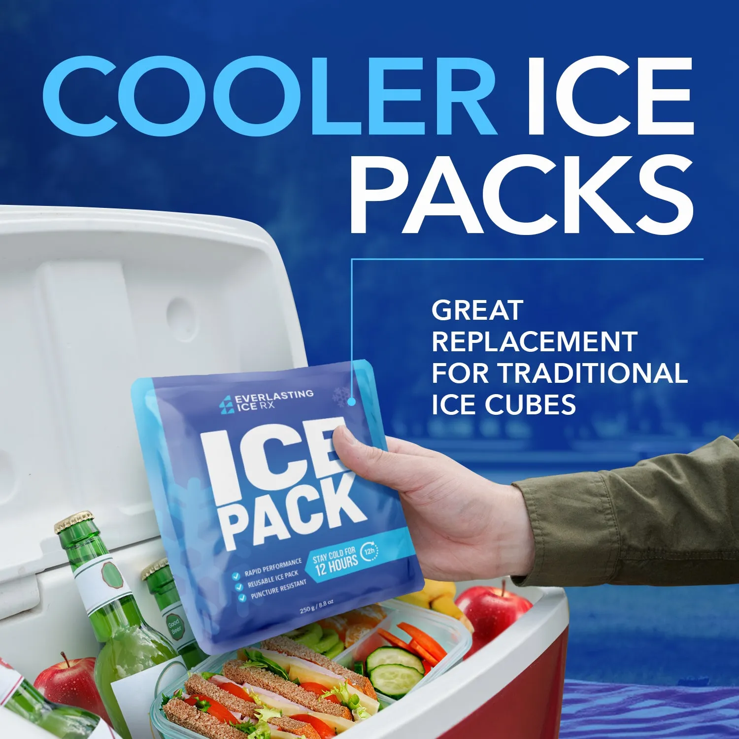 Rapid Performance Reusable Ice Packs for Coolers or Lunch Box | 4 Pack | Cold for Up to 12 Hours | Ice Packs for Cooler, Long Lasting for Camping, Beach