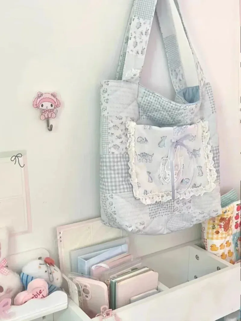 Sohiwoo Sweet Handbags for Women 2024 New Lace Rabbit Bow Tote Bags Fashion Cute Commuter Leisure Girls Canvas Shoulder Bag