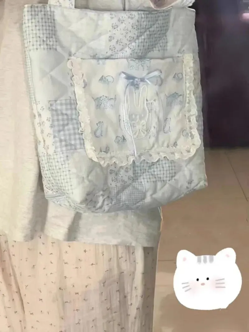 Sohiwoo Sweet Handbags for Women 2024 New Lace Rabbit Bow Tote Bags Fashion Cute Commuter Leisure Girls Canvas Shoulder Bag