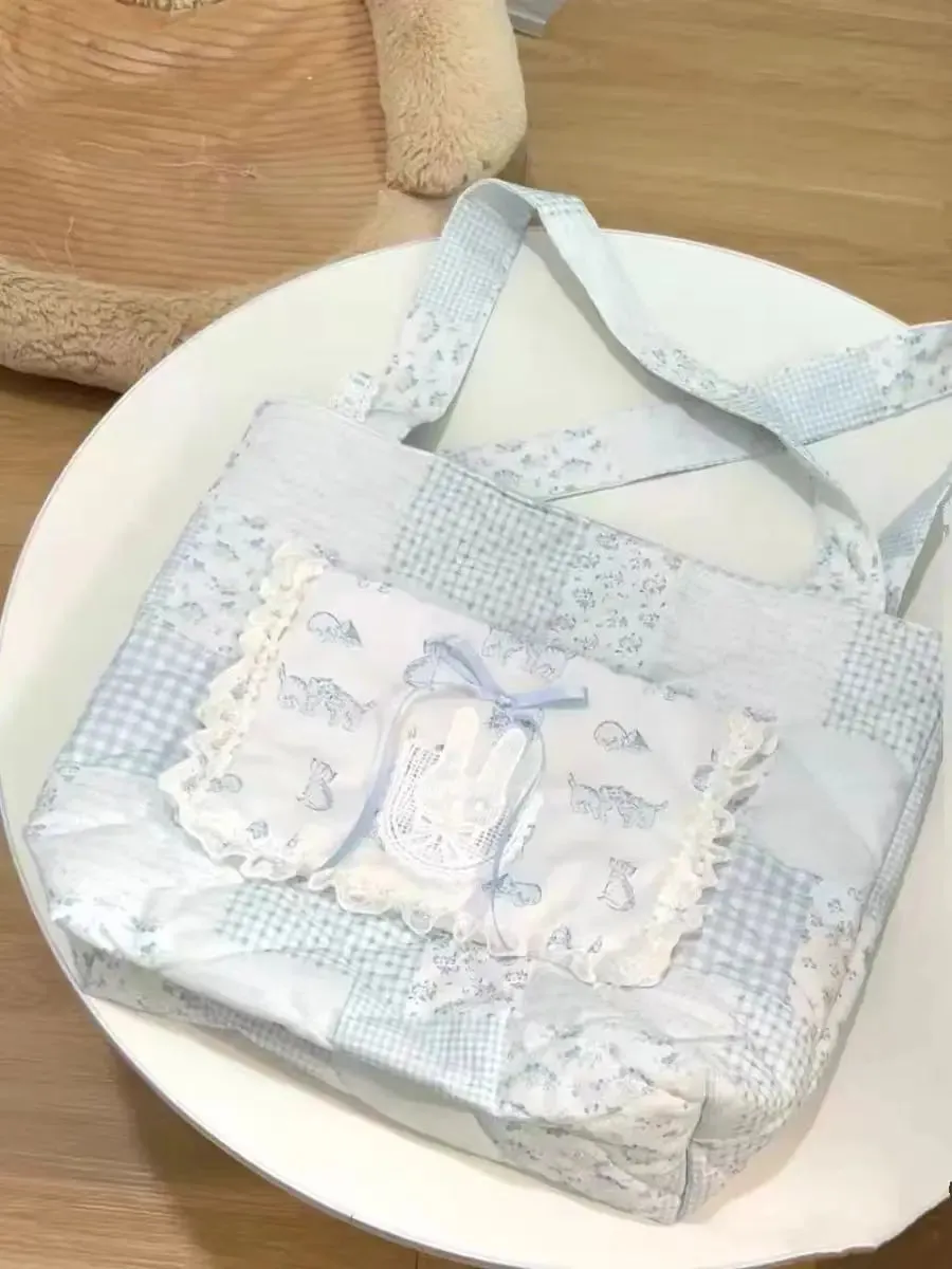 Sohiwoo Sweet Handbags for Women 2024 New Lace Rabbit Bow Tote Bags Fashion Cute Commuter Leisure Girls Canvas Shoulder Bag