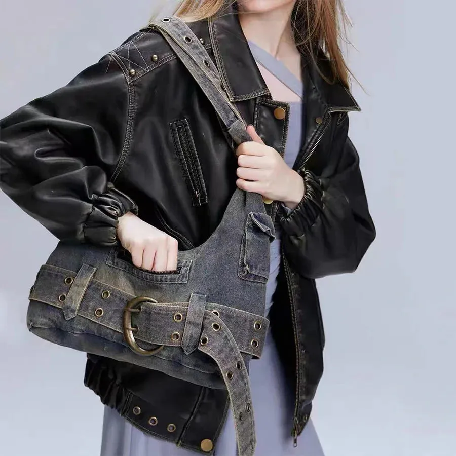 Vintage denim shoulder bag large capacity underarm bag