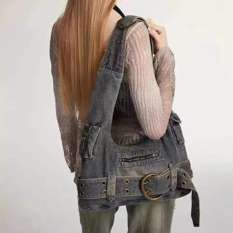 Vintage denim shoulder bag large capacity underarm bag