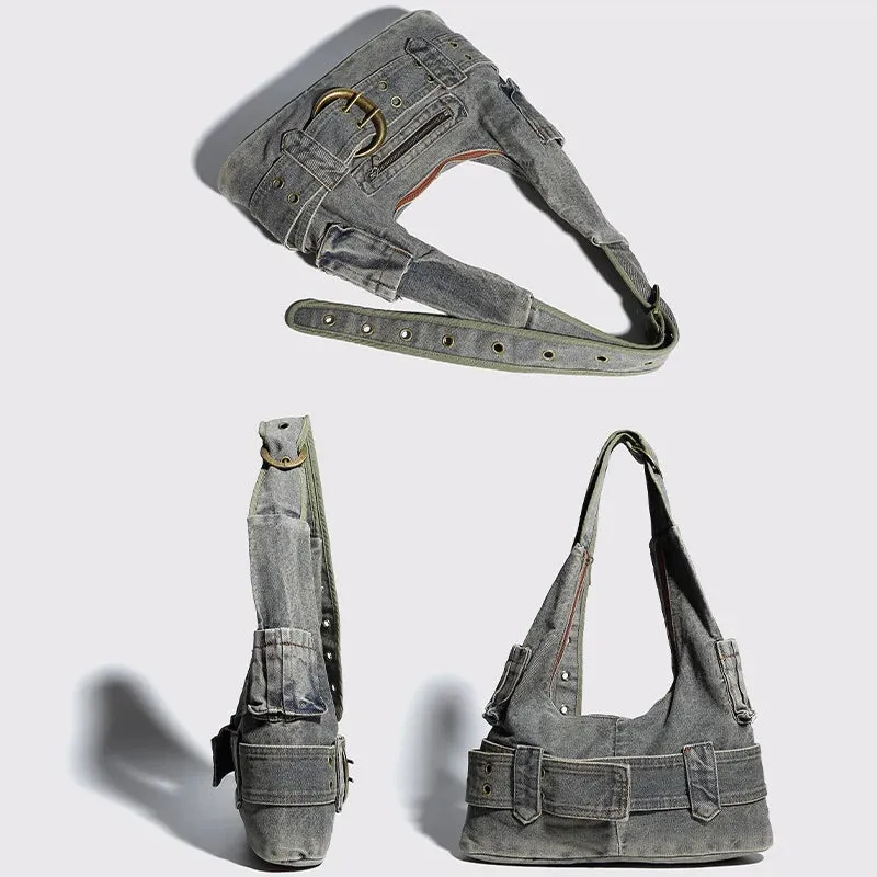 Vintage denim shoulder bag large capacity underarm bag