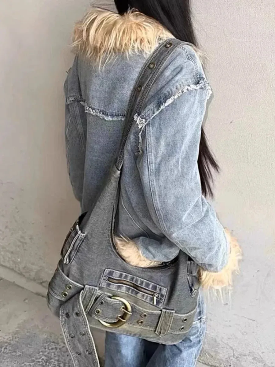 Vintage denim shoulder bag large capacity underarm bag