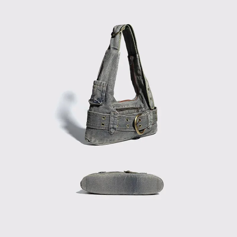 Vintage denim shoulder bag large capacity underarm bag
