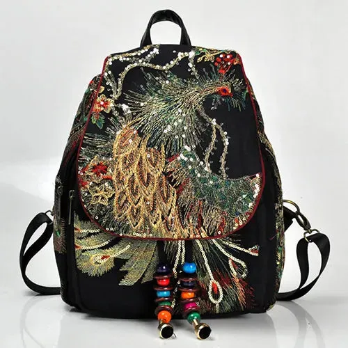 Women's Sequins Embroidered Canvas Floral Backpack